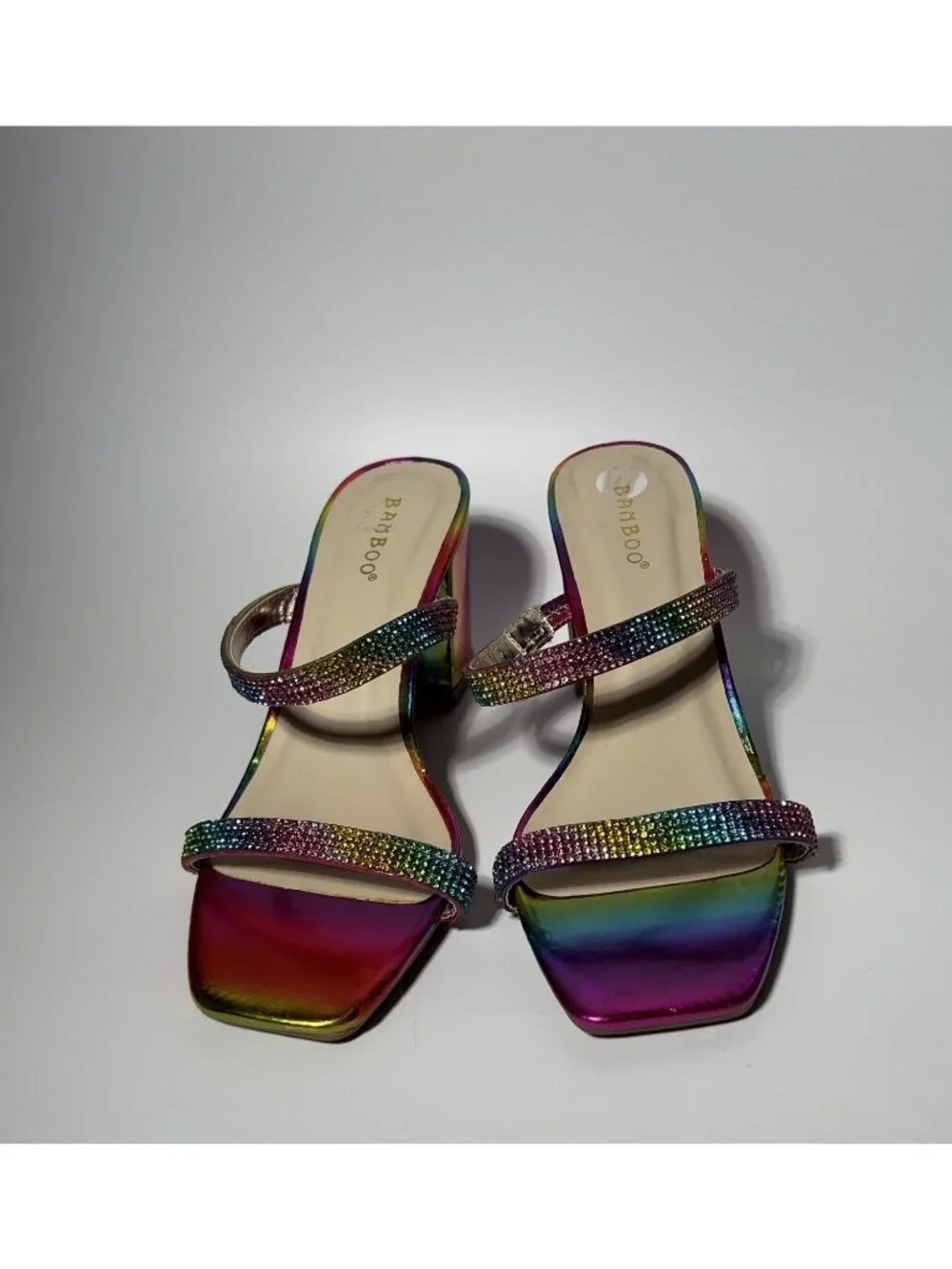 Bamboo Rainbow Metallic Rhinestone Mule Sandals Women’s 8 Block Heel